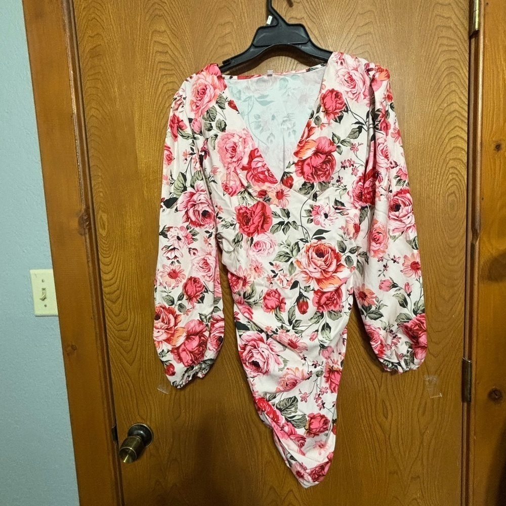 Red and Pink Roses on White Ruched Mini Dress Long Puff Sleeve Small